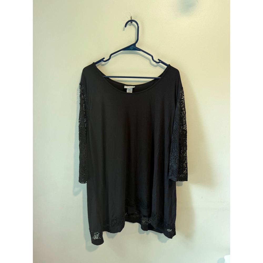 Catherines Black Lace Sleeve Tunic Top Womens 2X 22/24W Crochet Trim Knit Blouse